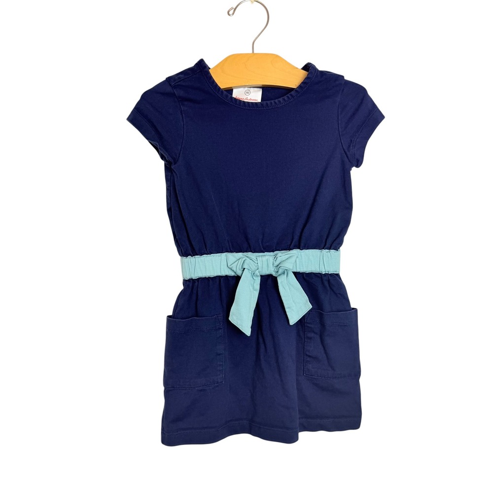 Hanna Andersson Girls Navy Blue Cotton Short Sleeve Pocket Dress Size 90